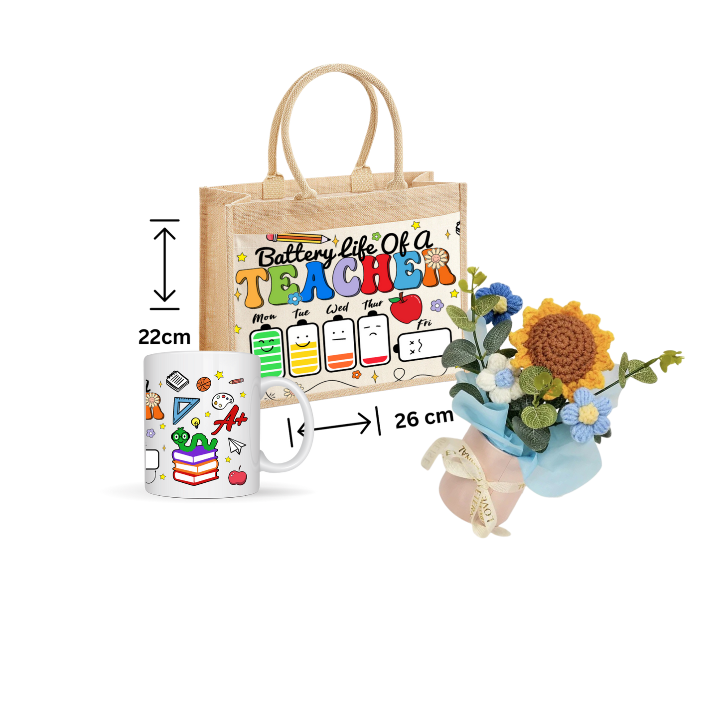 Thank You Teacher Gift School jute Tote Bag ,Mug And Crochet Flower