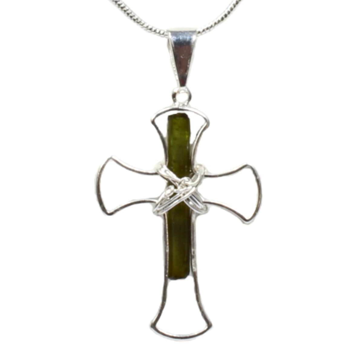 Tourmaline Crystal Silver Cross Pendant with Silver Chain