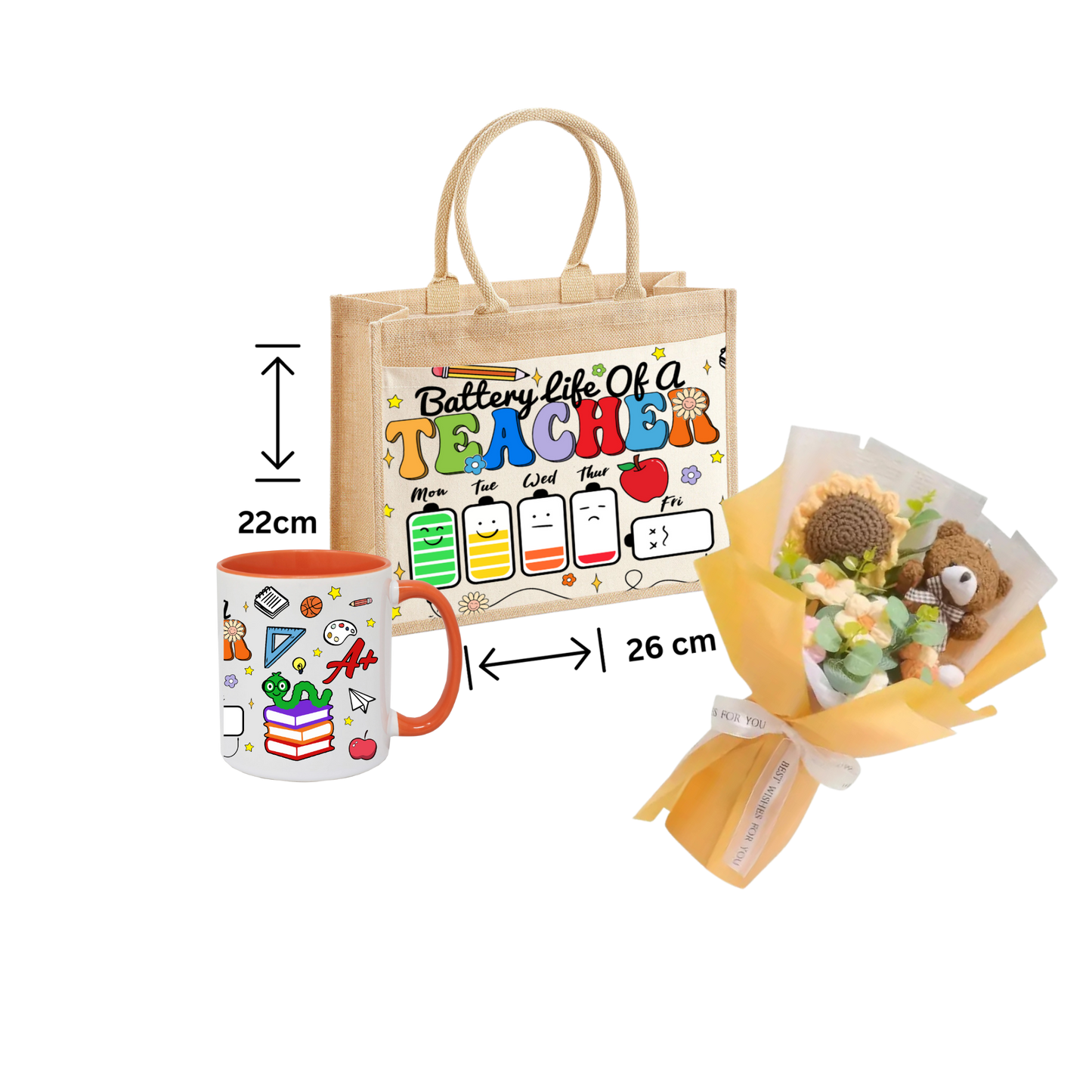 Thank You Teacher Gift School jute Tote Bag ,Mug And Crochet Flower