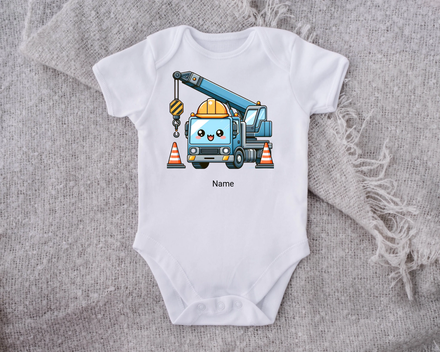 Personalised Construction Vehicle Baby Bodysuit – Custom Name Baby Grow