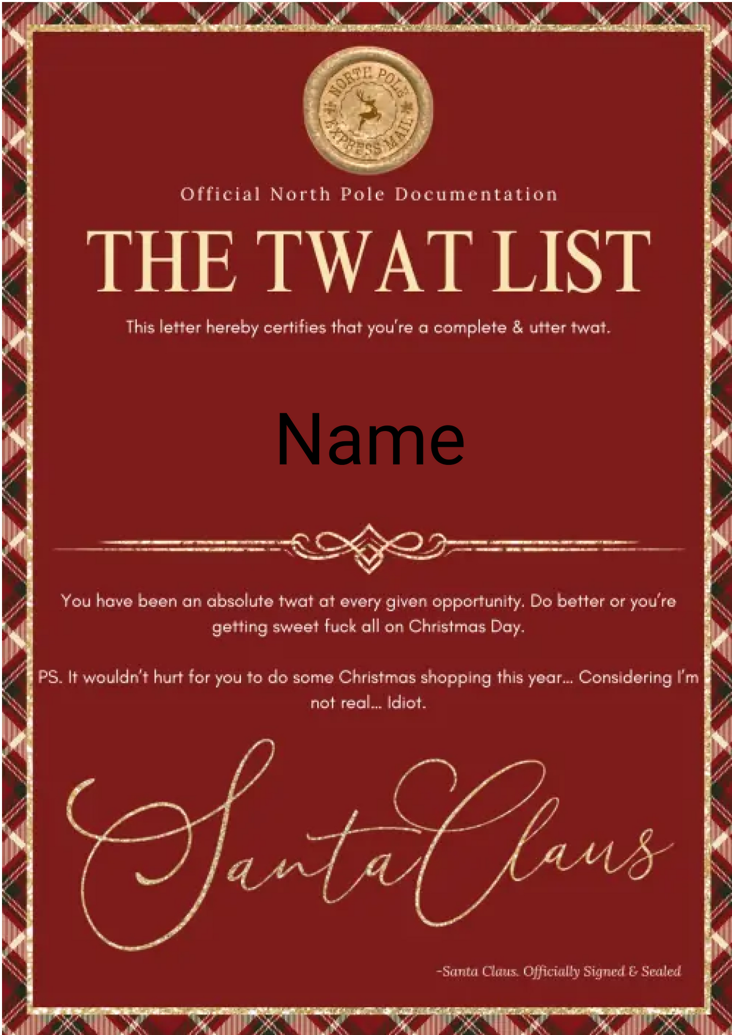 Personalised Santa’s Rude List Certificate