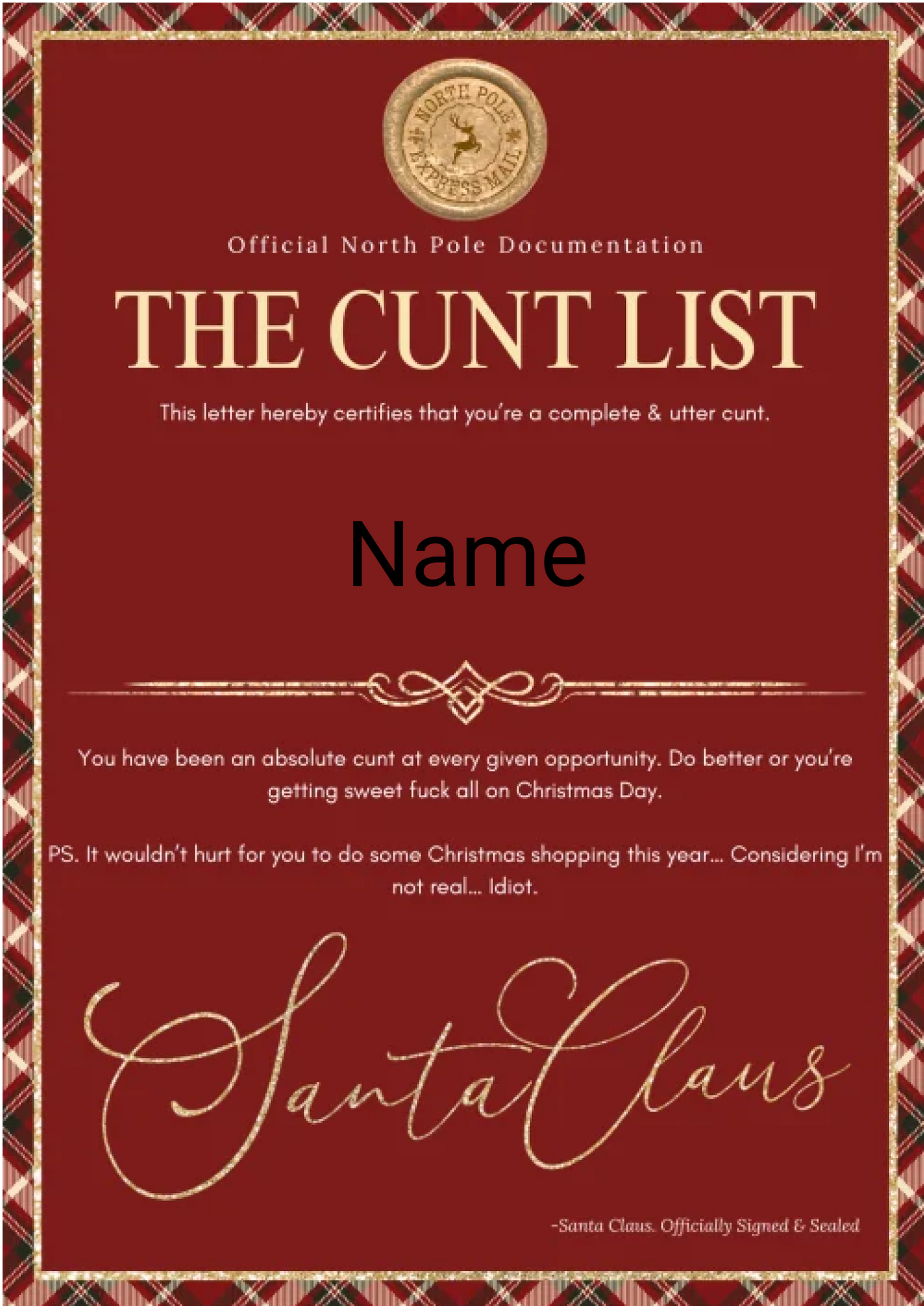 Personalised Santa’s Rude List Certificate