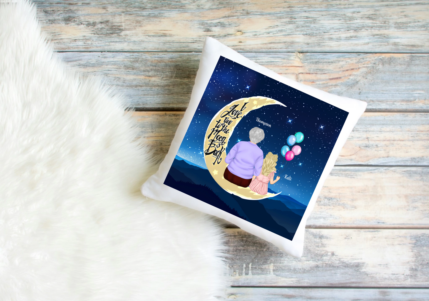 Personalised Grandma & Grandchild Cushion Cover – Moon Clip Art Design