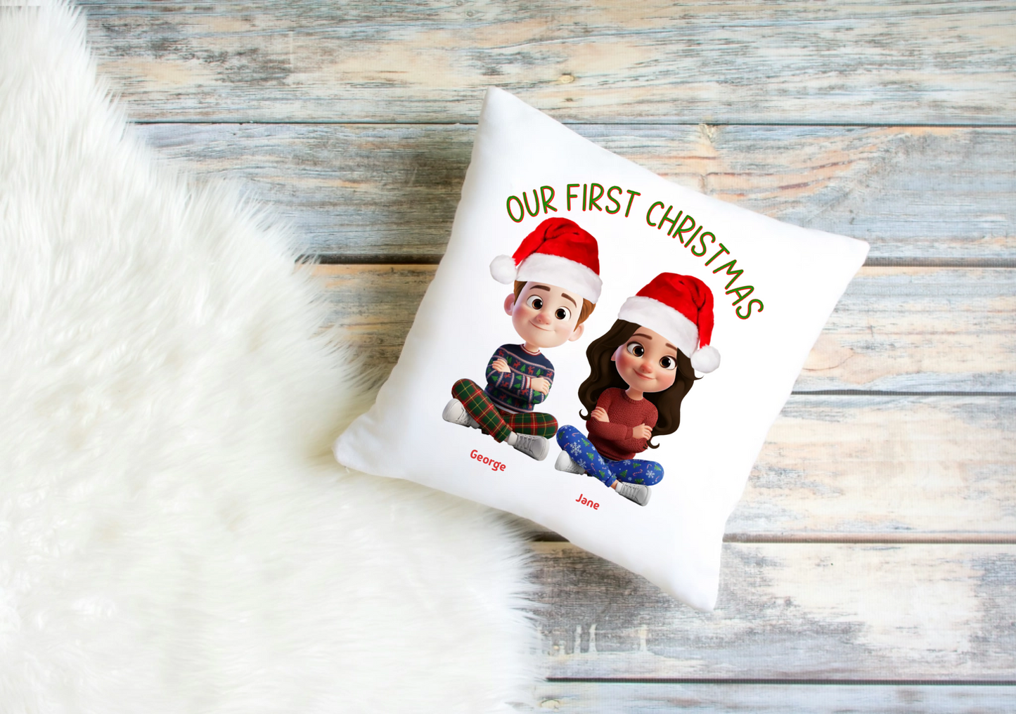 Our First Christmas Cushion Cover – Personalised Couple Clip Art Design