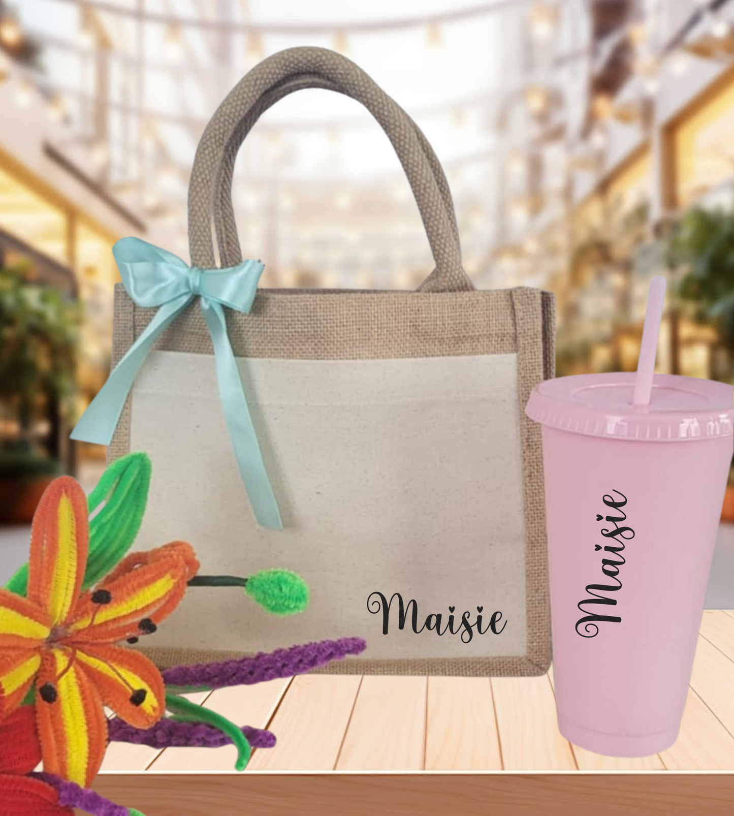 Jute Bag & Cold Cup -Personalised Summer Beach Holiday ,Travel, Bridesmaid, Teacher.