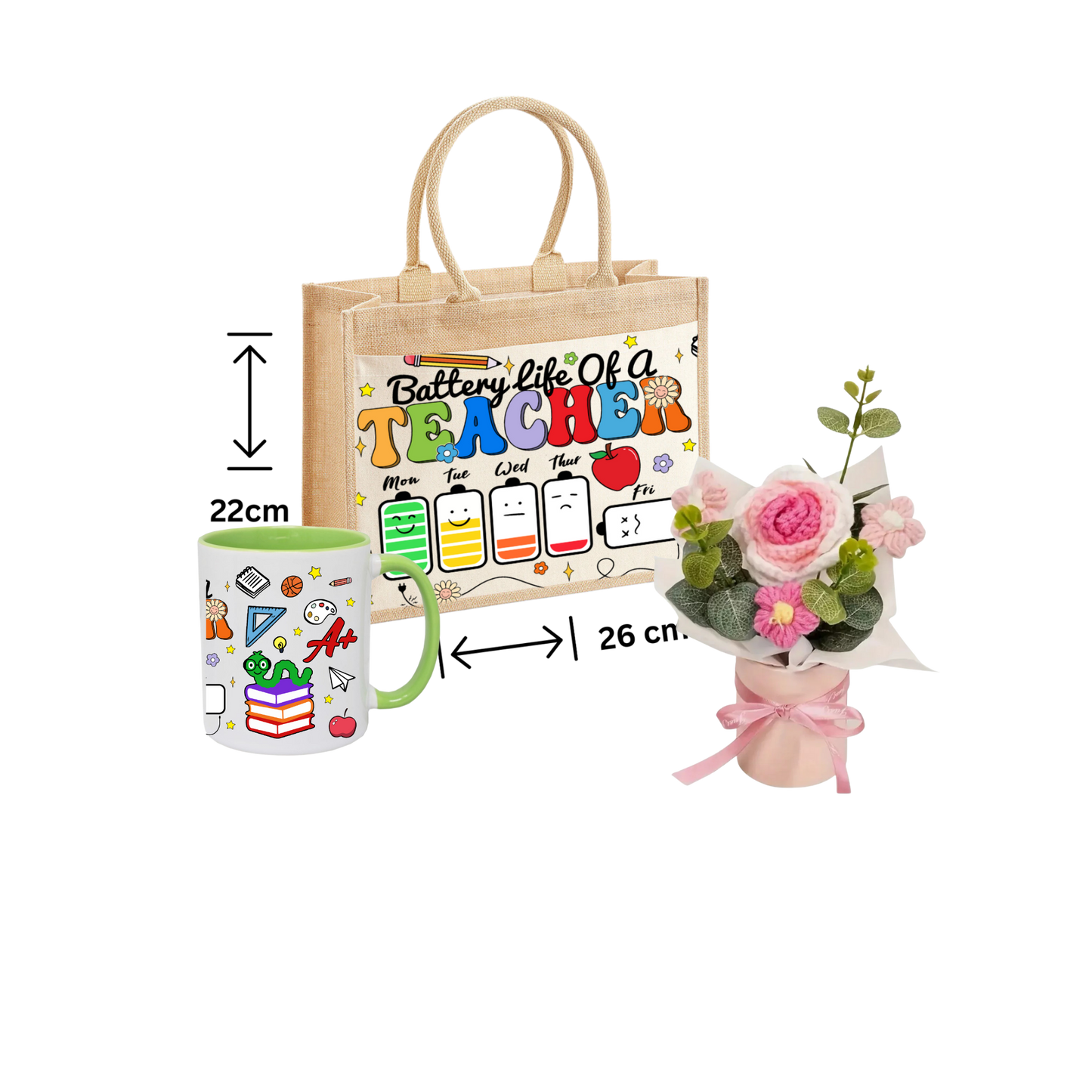 Thank You Teacher Gift School jute Tote Bag ,Mug And Crochet Flower