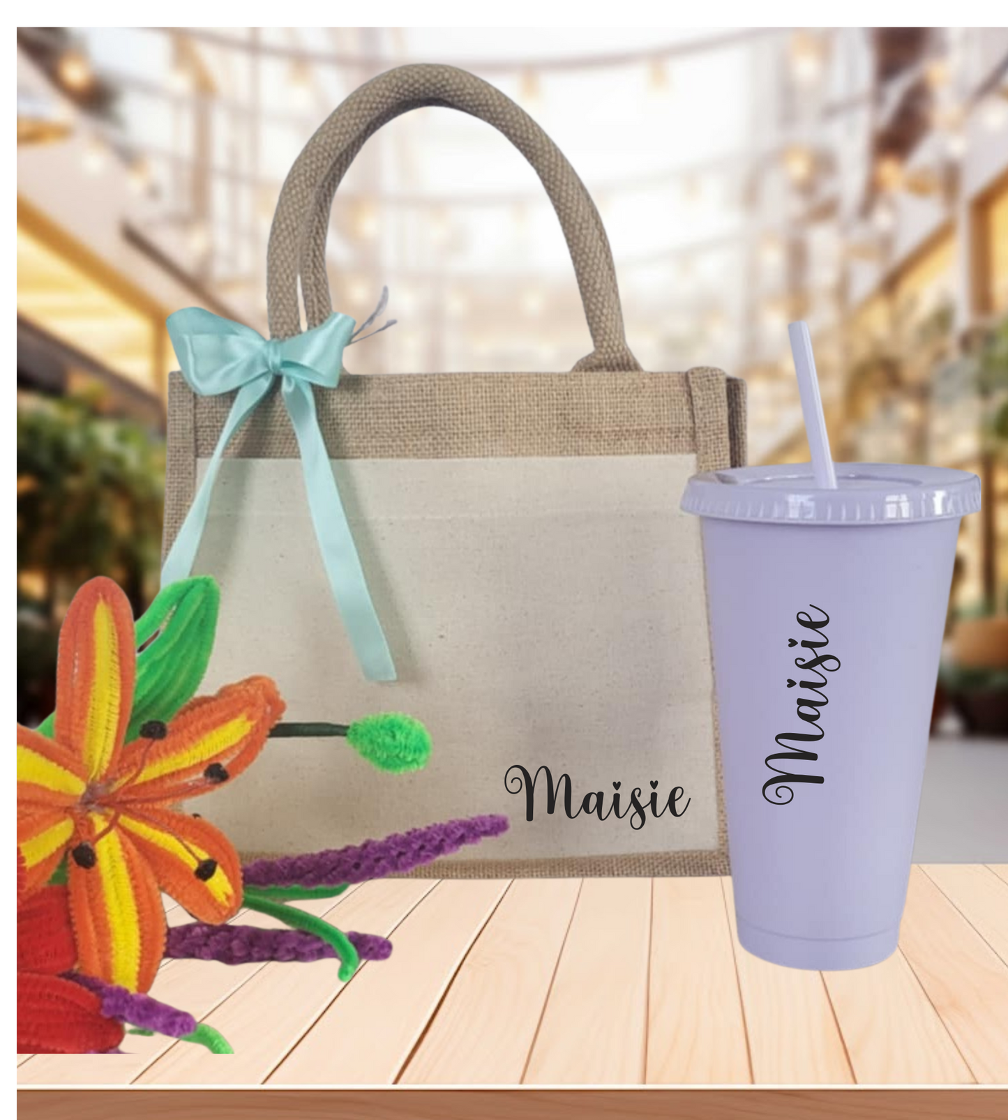 Jute Bag & Cold Cup -Personalised Summer Beach Holiday ,Travel, Bridesmaid, Teacher.