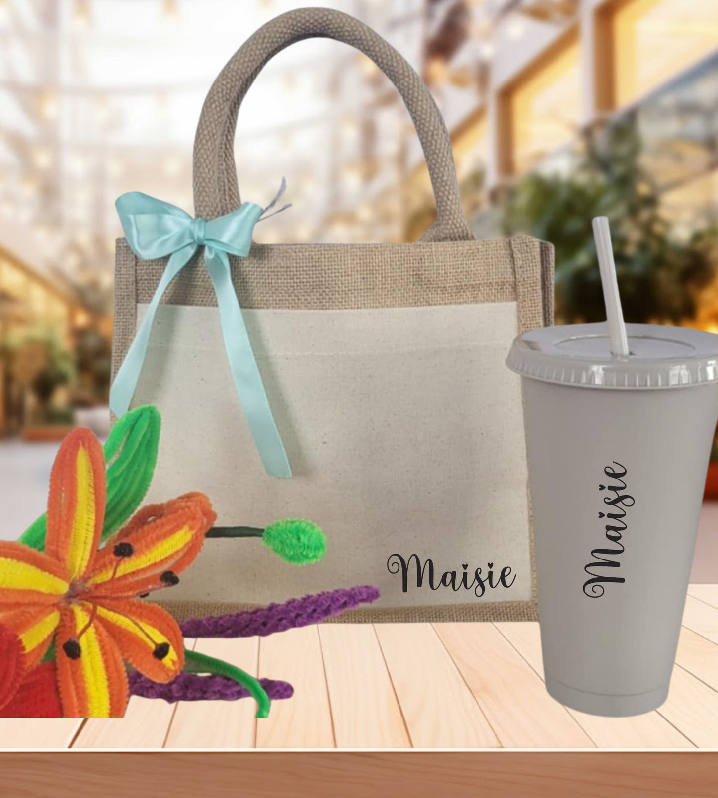 Jute Bag & Cold Cup -Personalised Summer Beach Holiday ,Travel, Bridesmaid, Teacher.