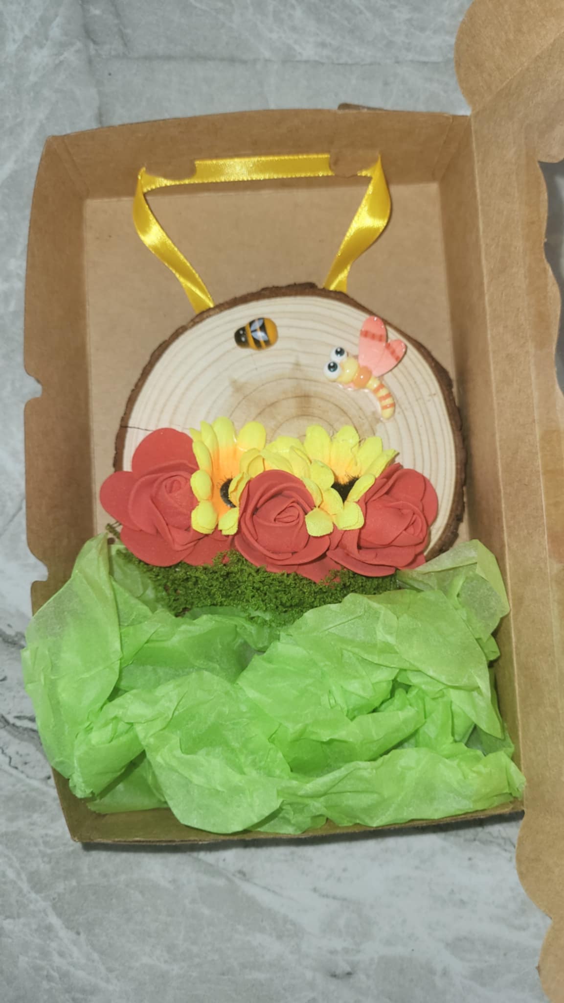 Handmade Floral Wood Slice Hanging Decoration – Bee & Dragonfly Design