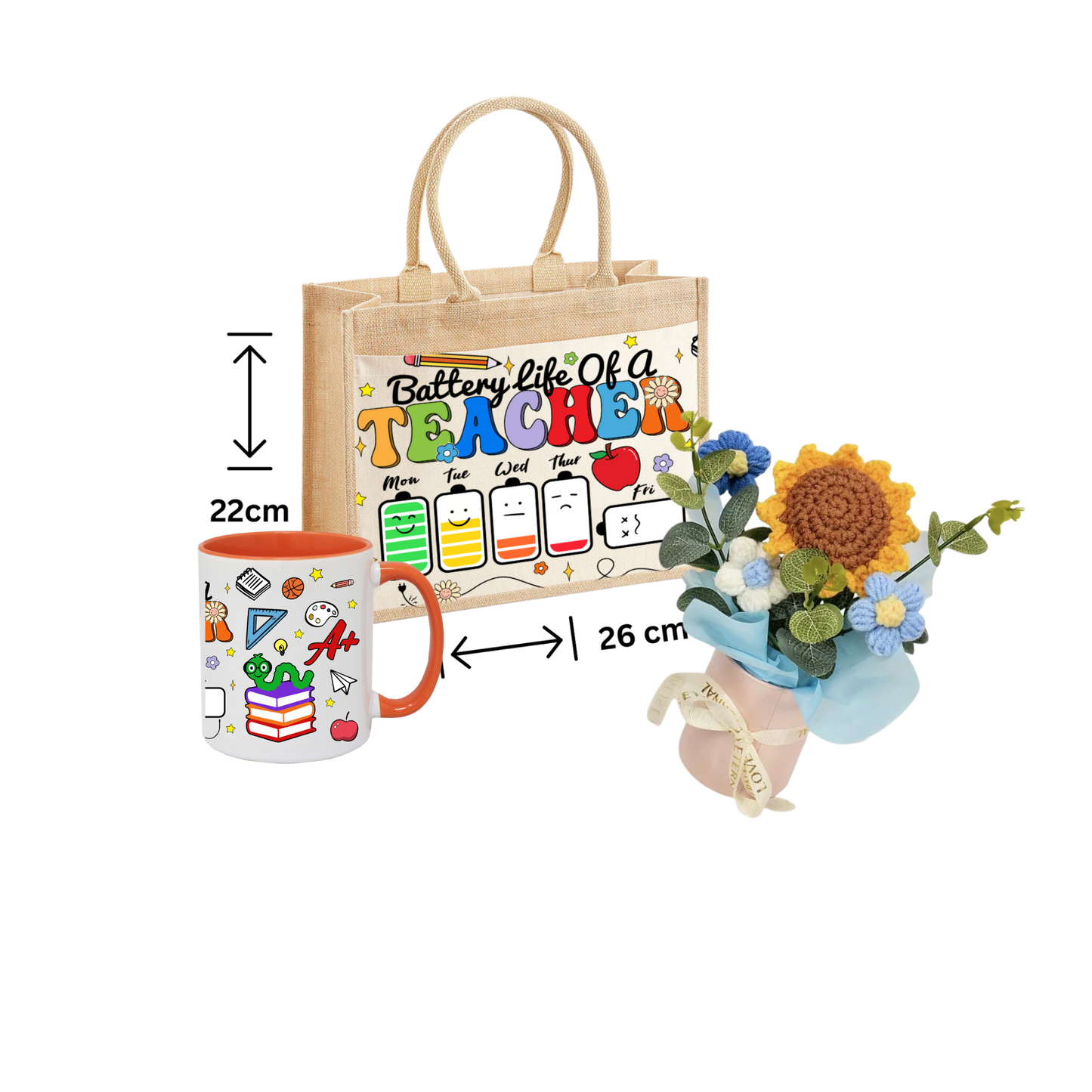 Thank You Teacher Gift School jute Tote Bag ,Mug And Crochet Flower