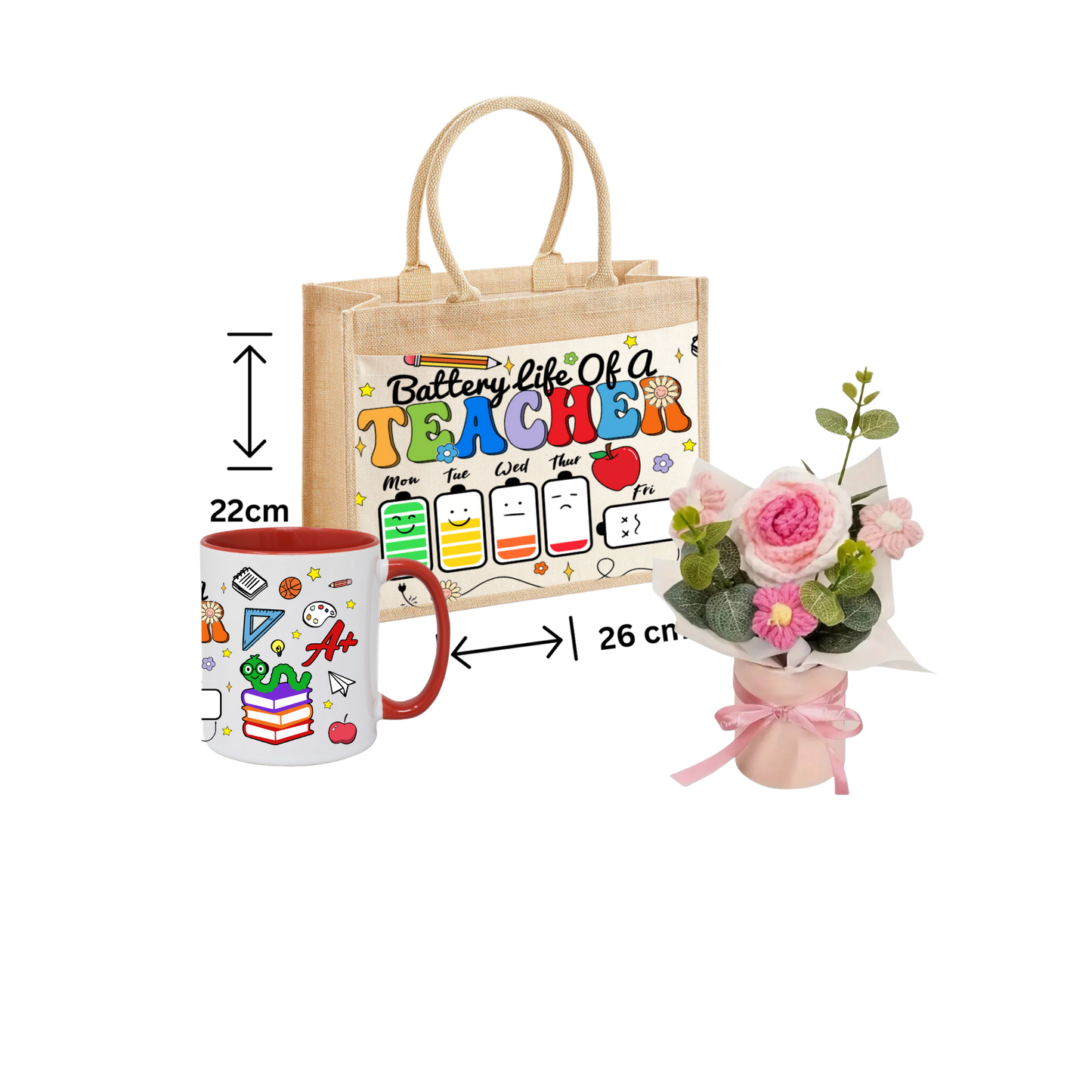 Thank You Teacher Gift School jute Tote Bag ,Mug And Crochet Flower