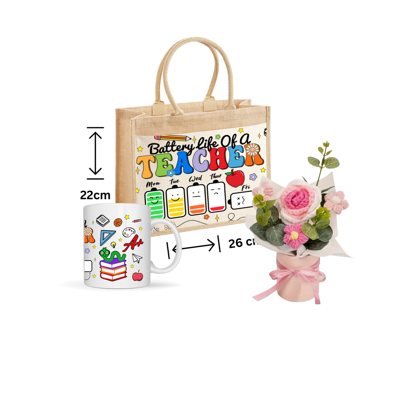 Thank You Teacher Gift School jute Tote Bag ,Mug And Crochet Flower