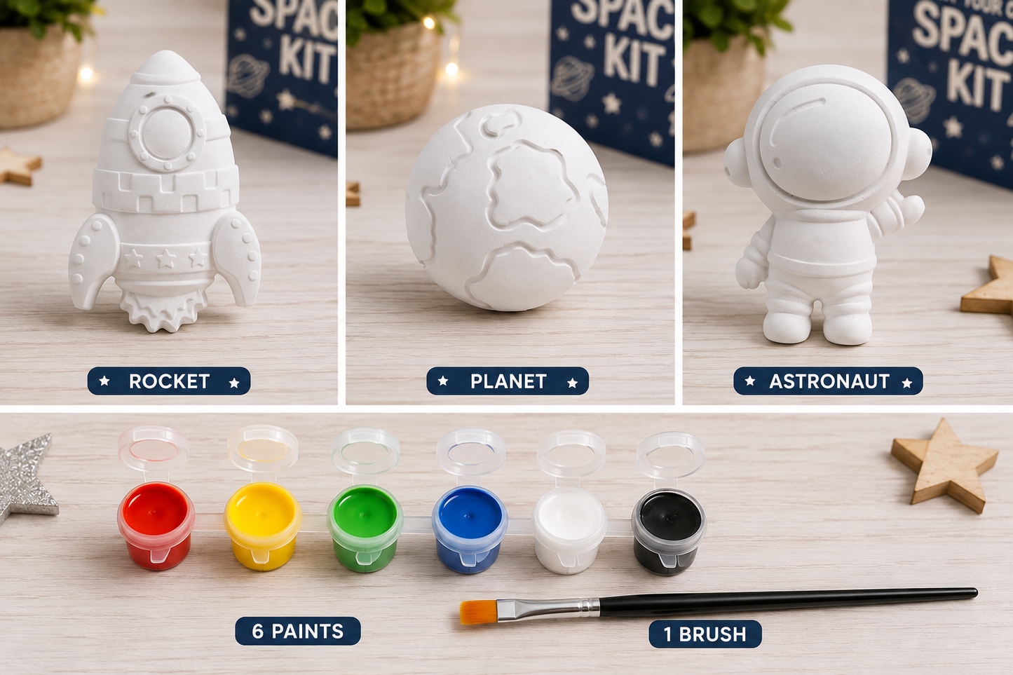 Paint Your Own Space Craft Kit – 3 Hand-Cast Decorations & 6 Paints