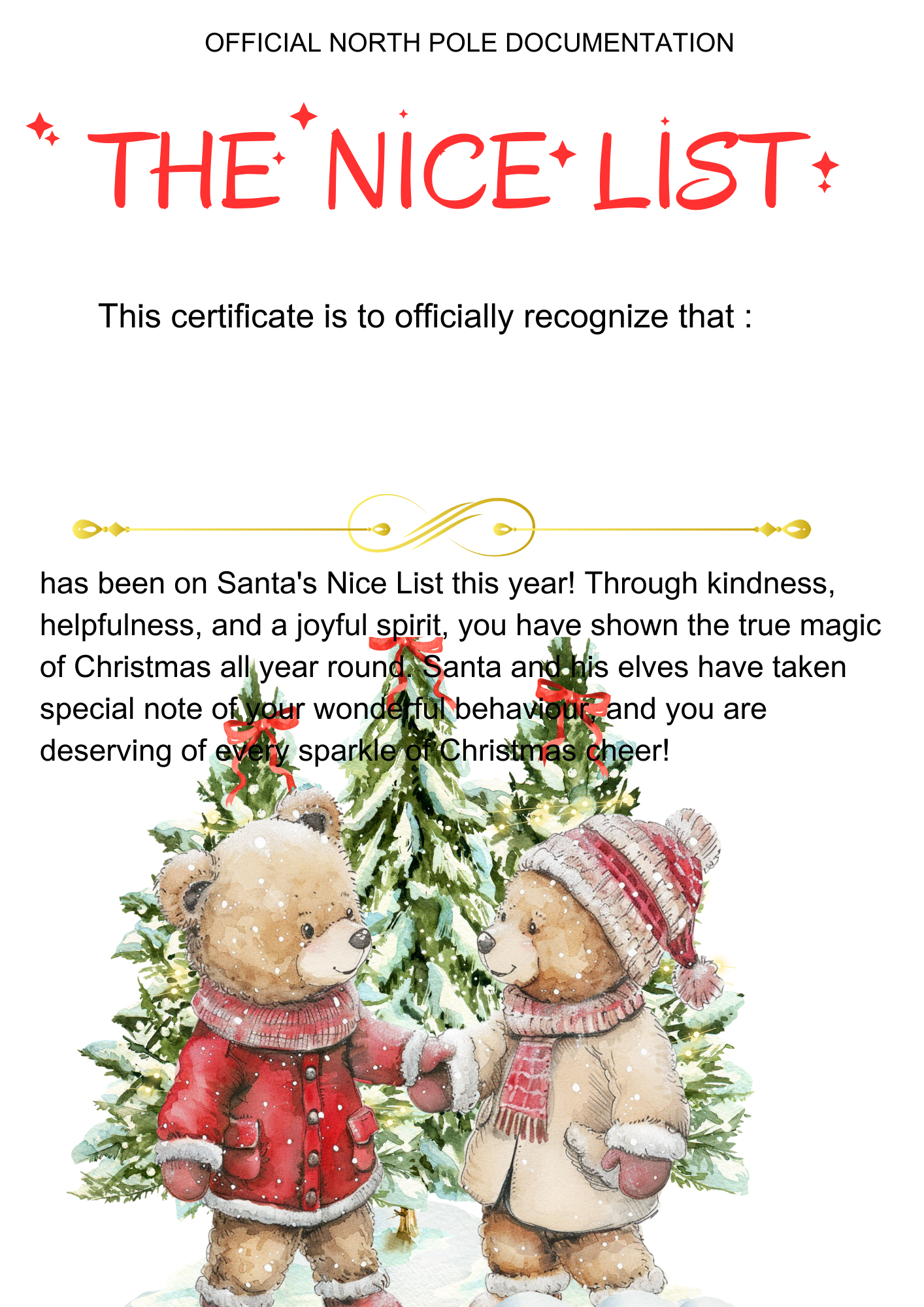 Official Santa's Nice List Certificate. Bear Design