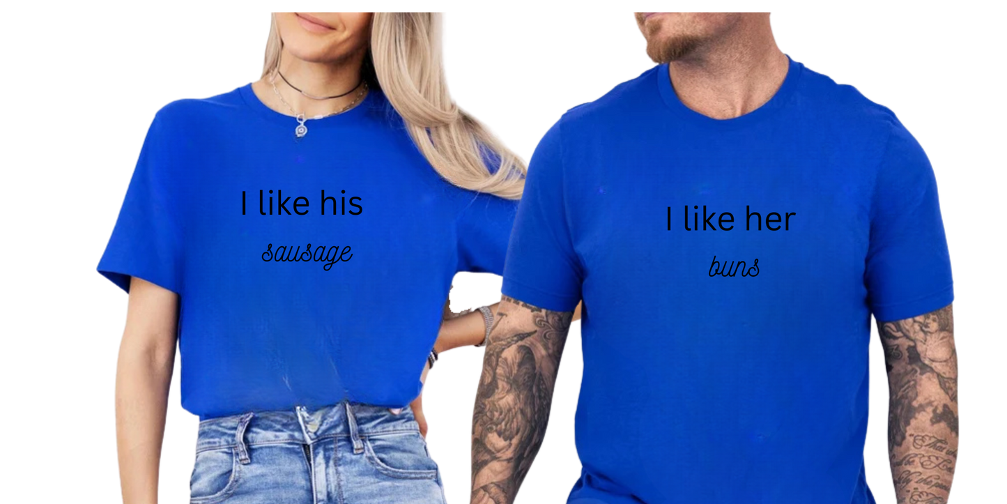 Couple matching t-shirts.Sizzling Sausage & Buns Duo