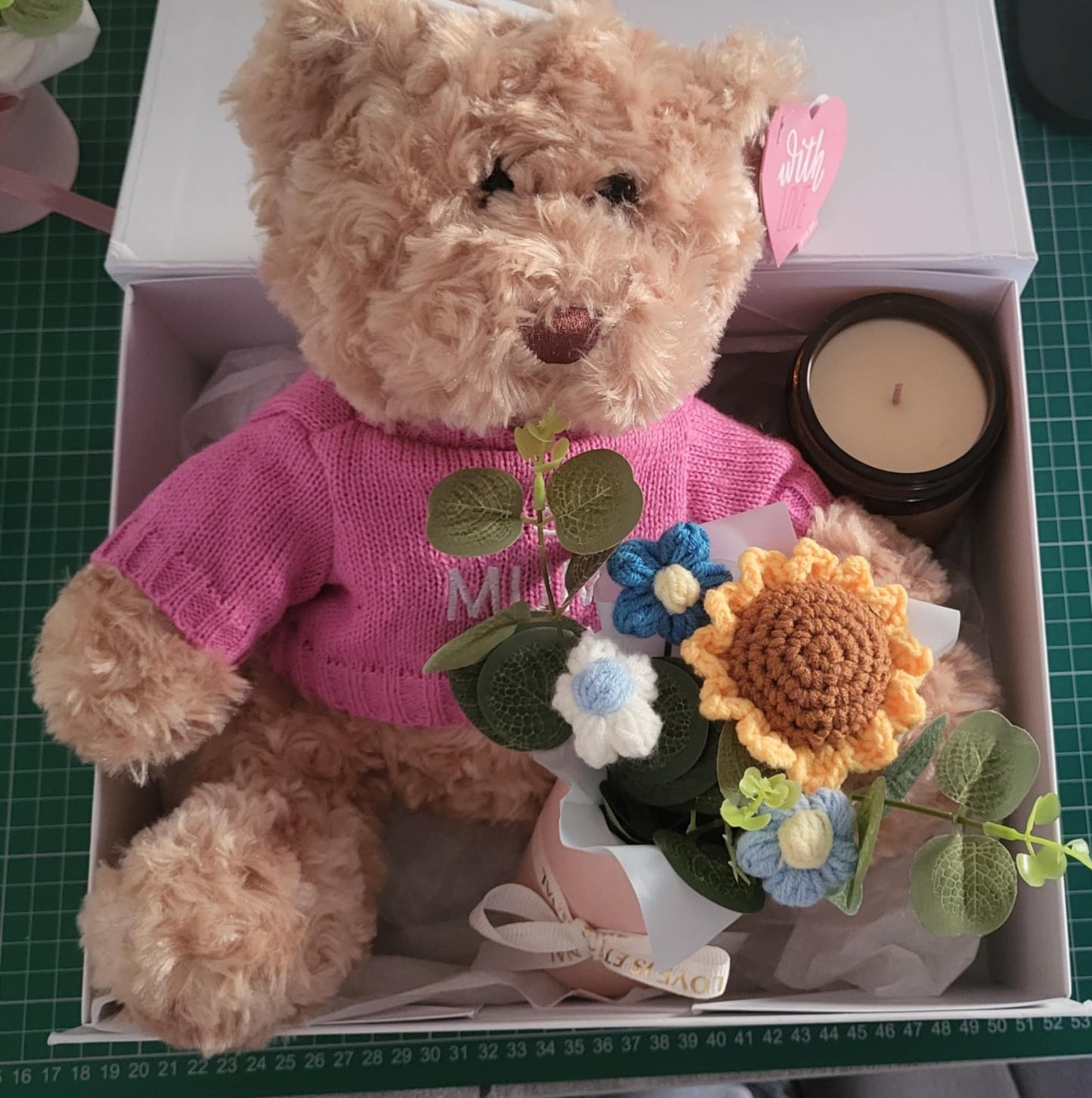 Personalised Mother's Day Gift Box – Teddy Bear, Crocheted Flower & Scented Candle