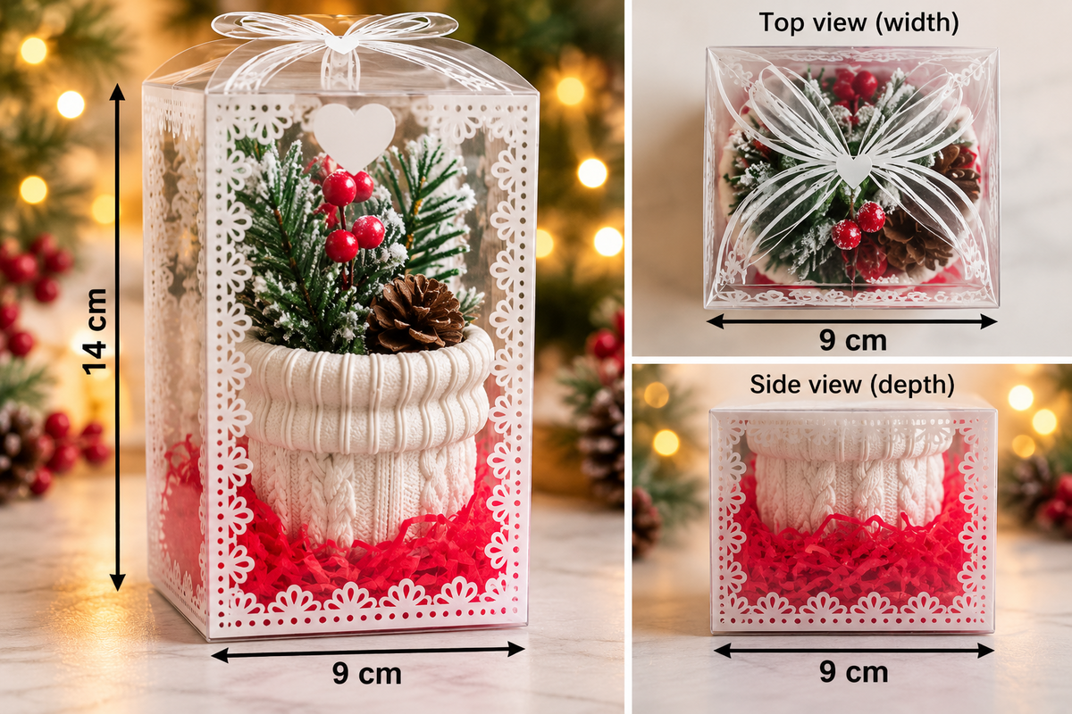 Hand-cast white plaster Christmas planter in gift box measuring 14 cm high, 9 cm wide and 9 cm deep