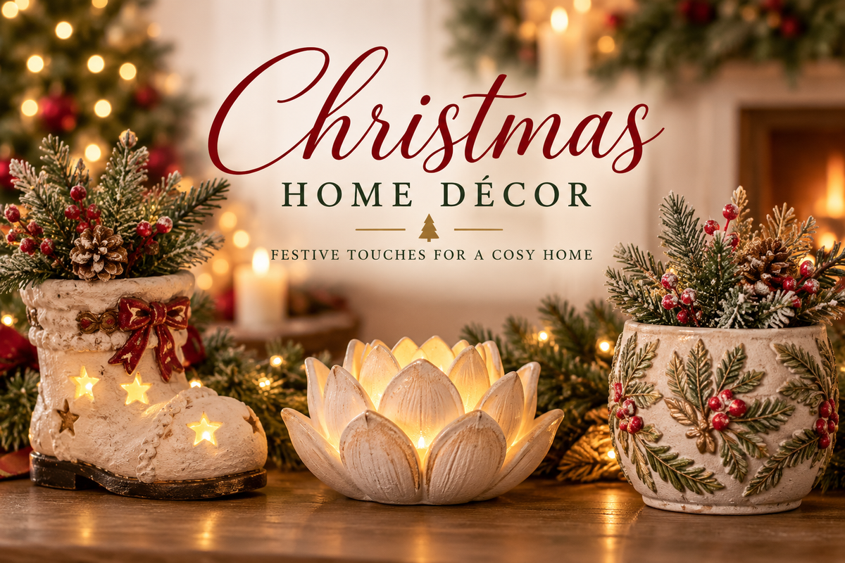 Christmas home décor collection with festive handmade-style decorations, greenery and warm Christmas lights
