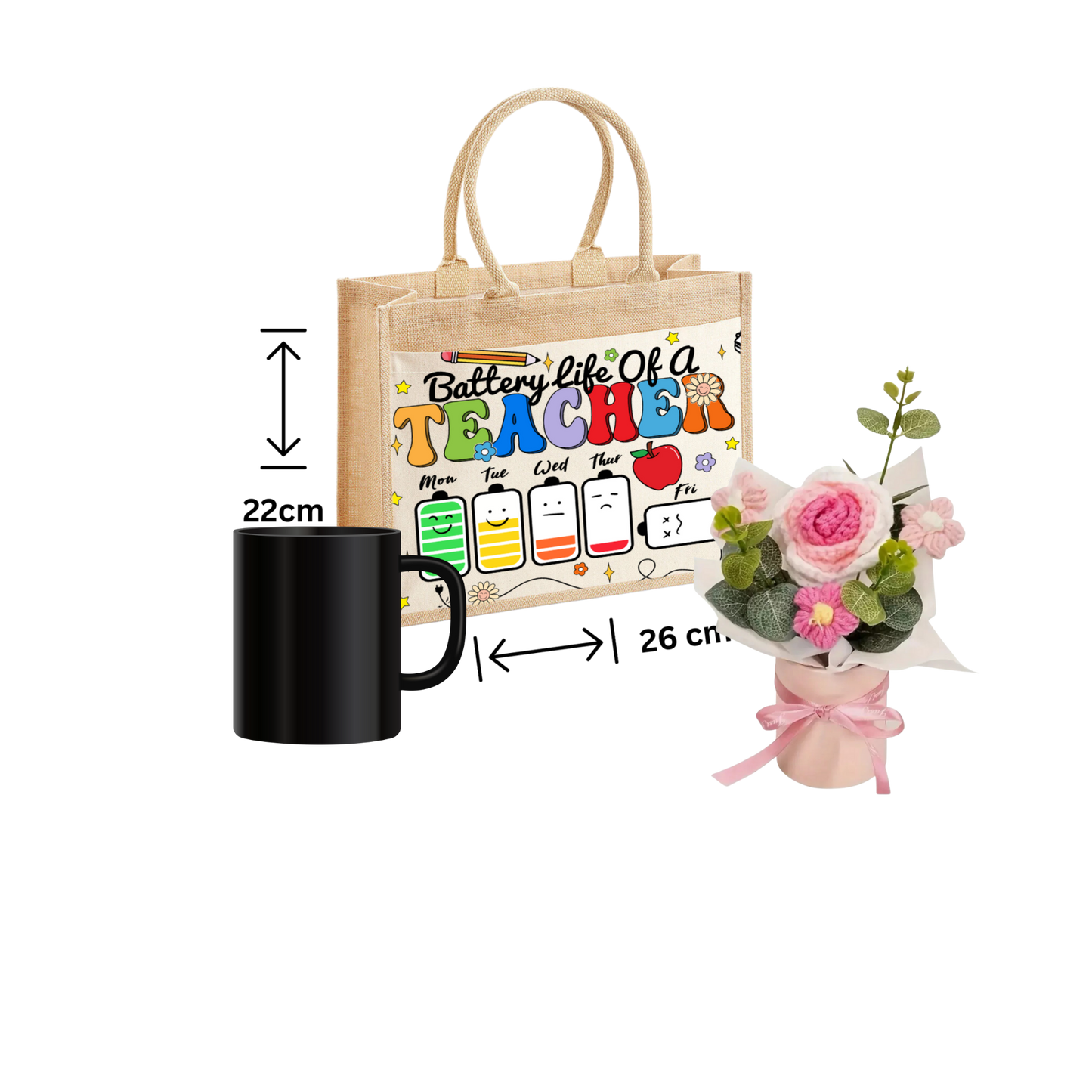 Thank You Teacher Gift School jute Tote Bag ,Mug And Crochet Flower