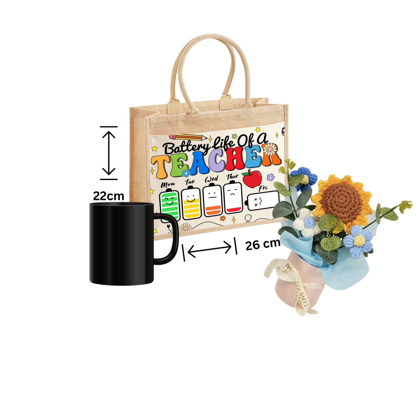 Thank You Teacher Gift School jute Tote Bag ,Mug And Crochet Flower