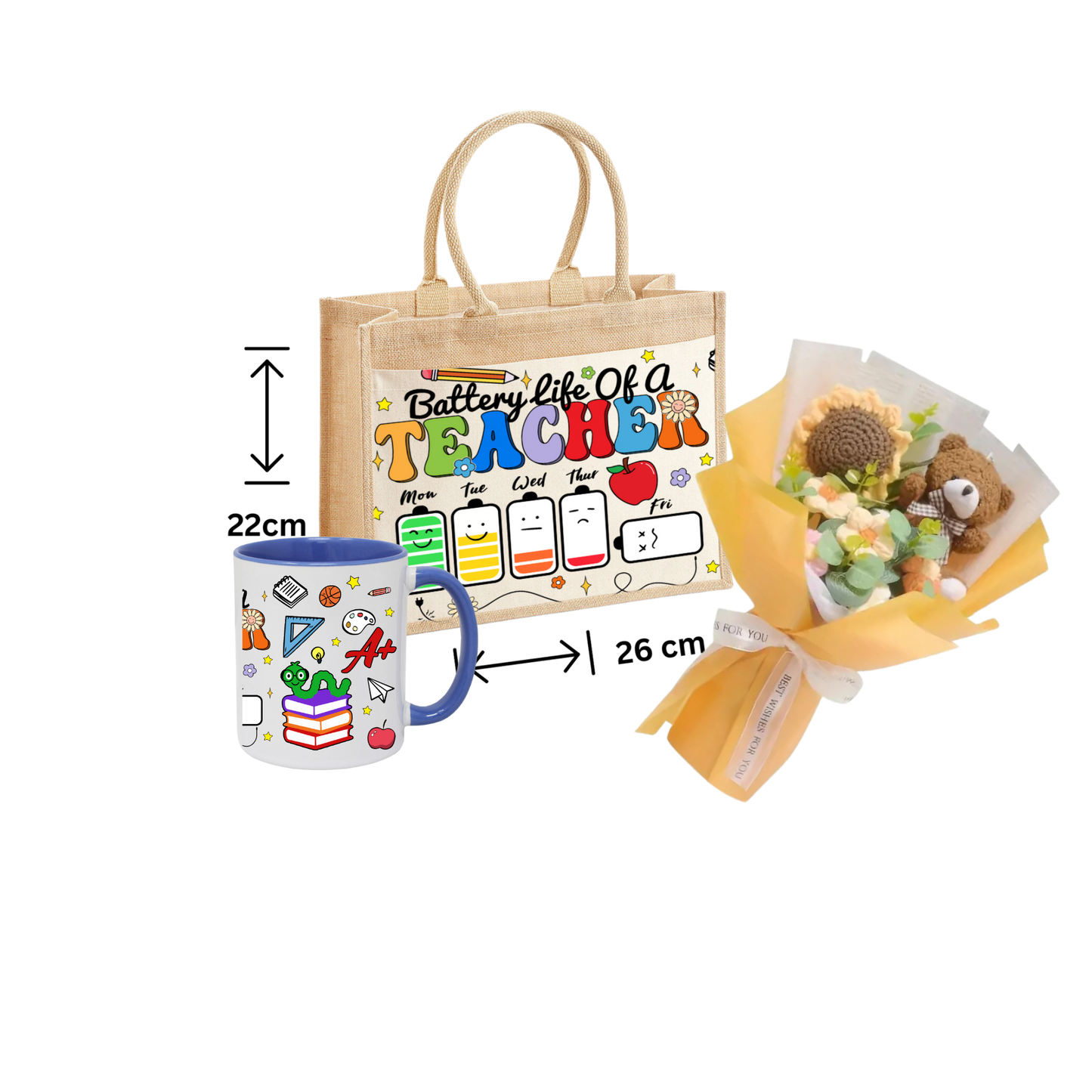 Thank You Teacher Gift School jute Tote Bag ,Mug And Crochet Flower