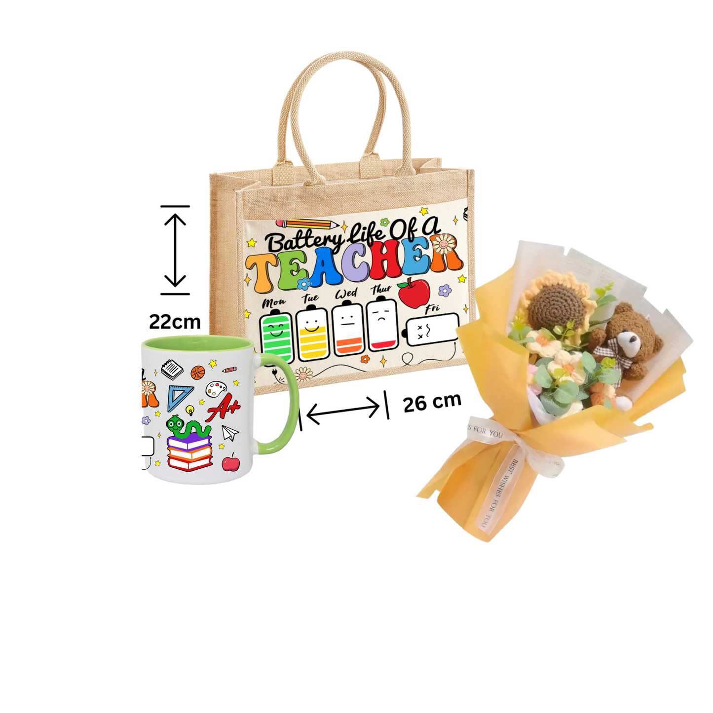 Thank You Teacher Gift School jute Tote Bag ,Mug And Crochet Flower