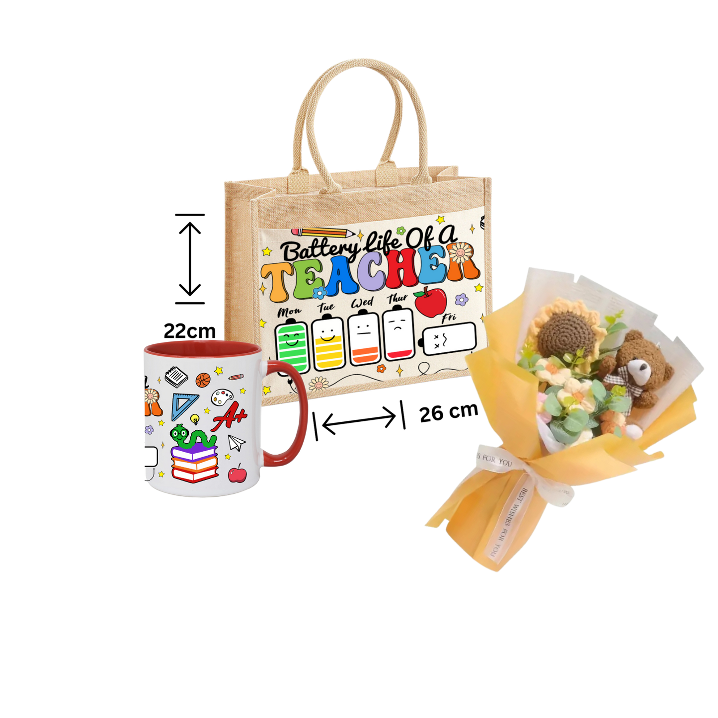 Thank You Teacher Gift School jute Tote Bag ,Mug And Crochet Flower