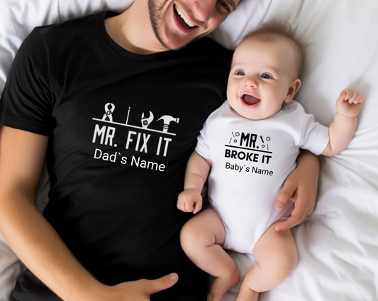 Personalised Mr Fix It & Mr Break It Dad and Baby Matching Set – Bodysuit & T-Shirt Gift