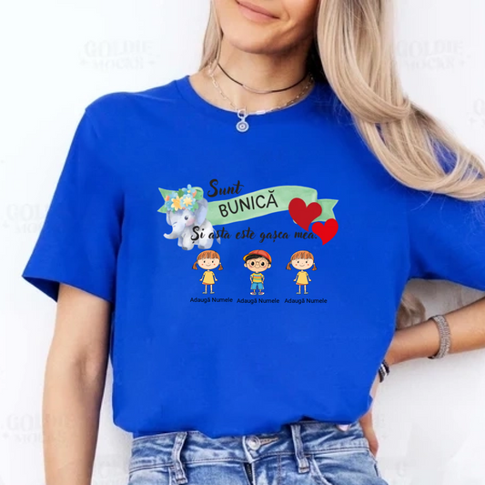 Tricou familie – bunică sau bunic personalizat cu până la 6 nepoți.