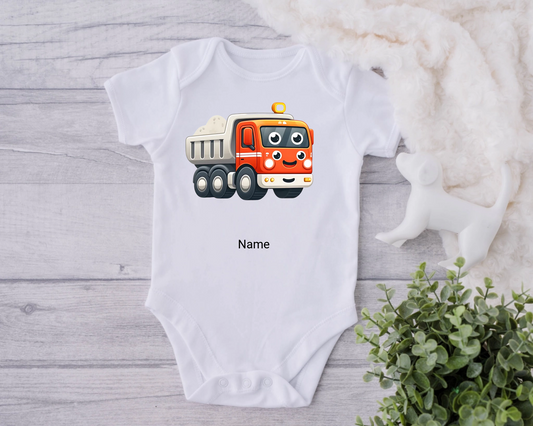 Personalised Construction Vehicle Baby Bodysuit – Custom Name Baby Grow