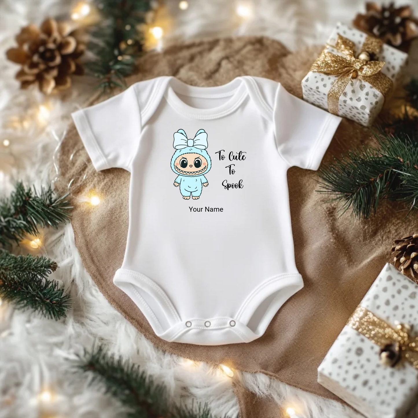 Personalised Baby Bodysuit – Little Monster “Too Cute to Spook” Design