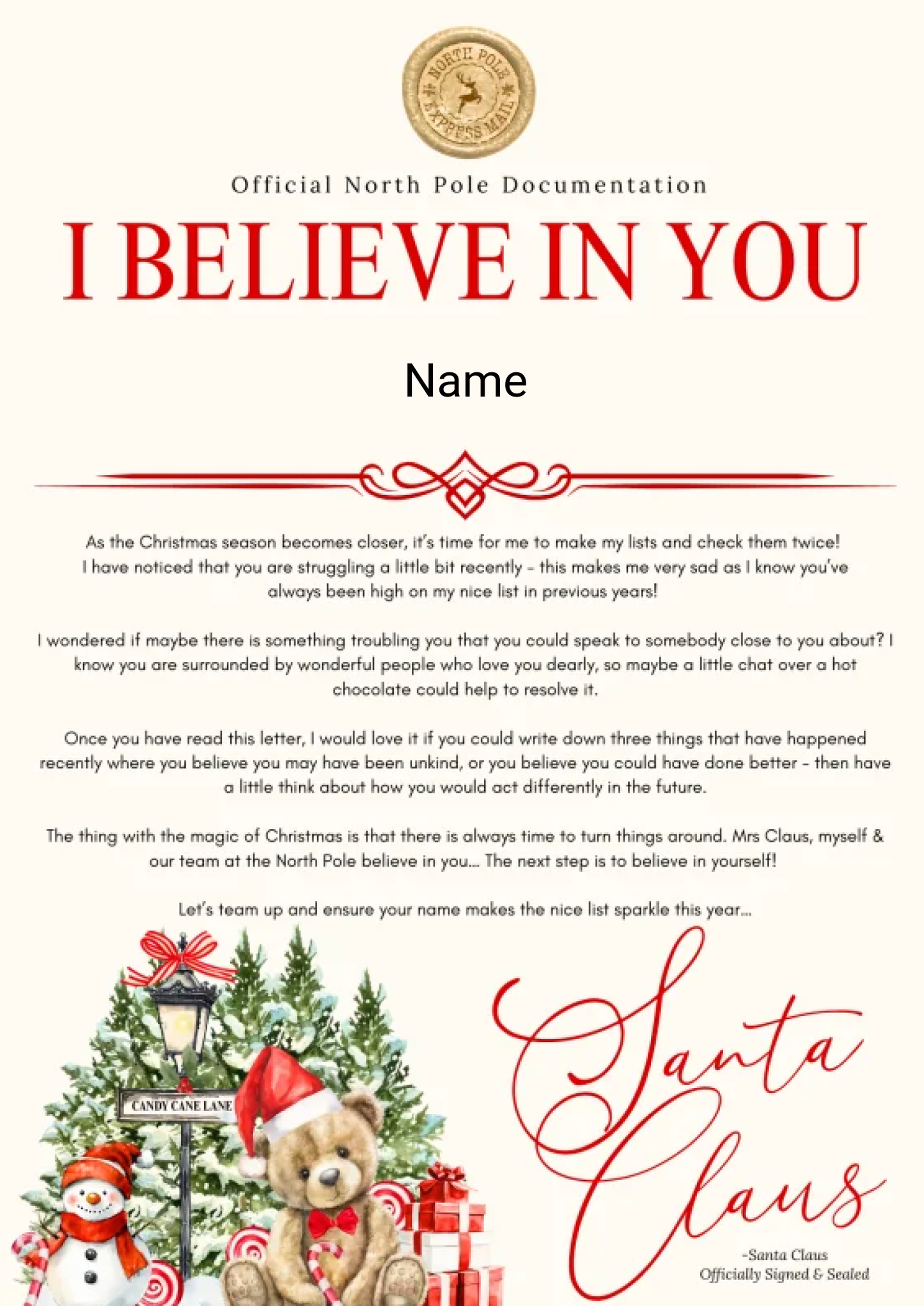 Personalised Santa’s Nice List Certificate – A4 High Gloss with Red Envelope & Optional Wax Seal  4