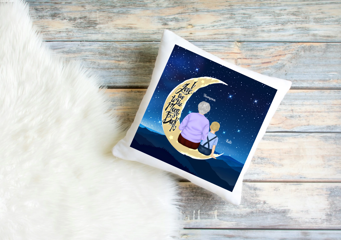 Personalised Grandma & Grandchild Cushion Cover – Moon Clip Art Design