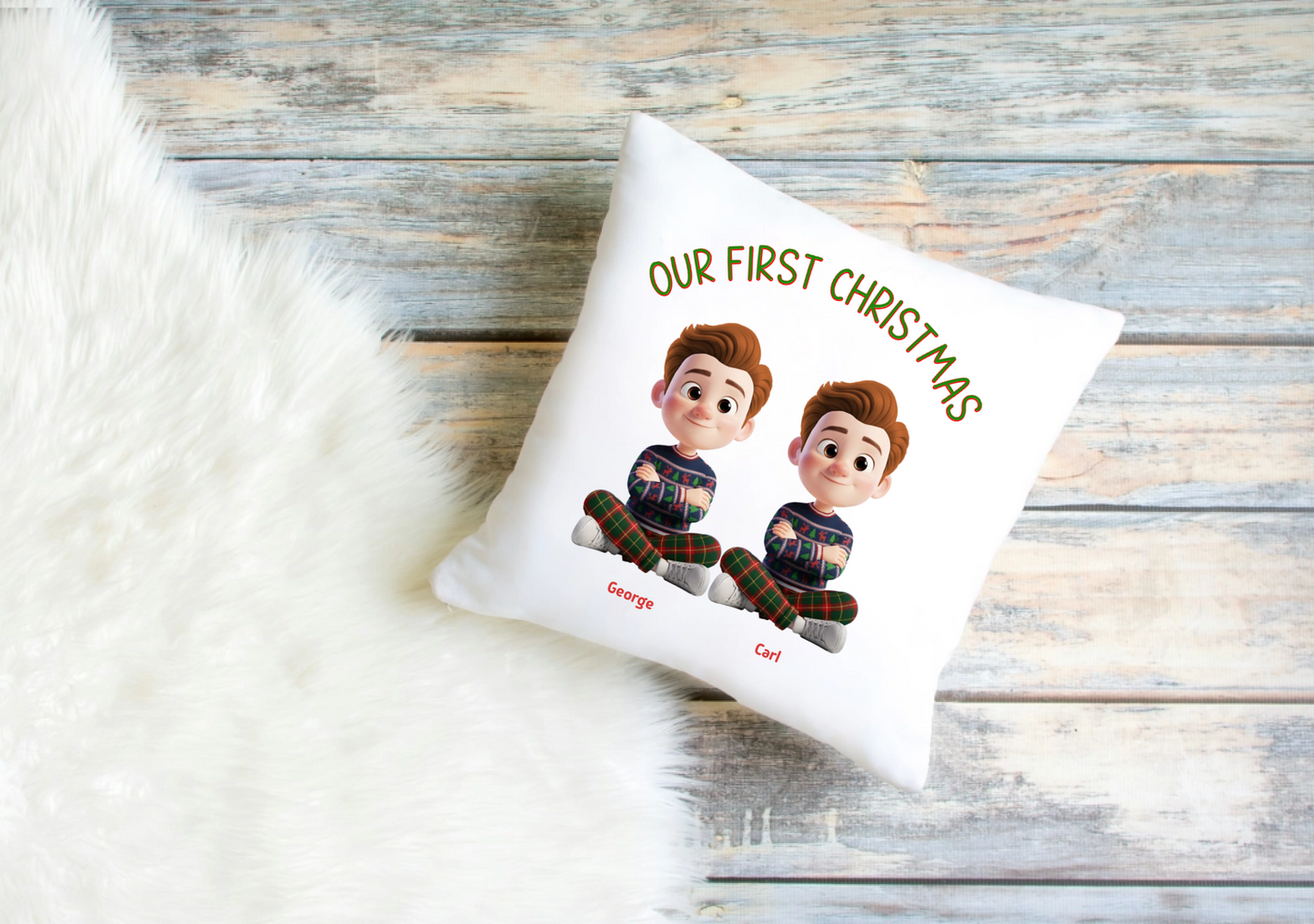 Our First Christmas Cushion Cover – Personalised Couple Clip Art Design