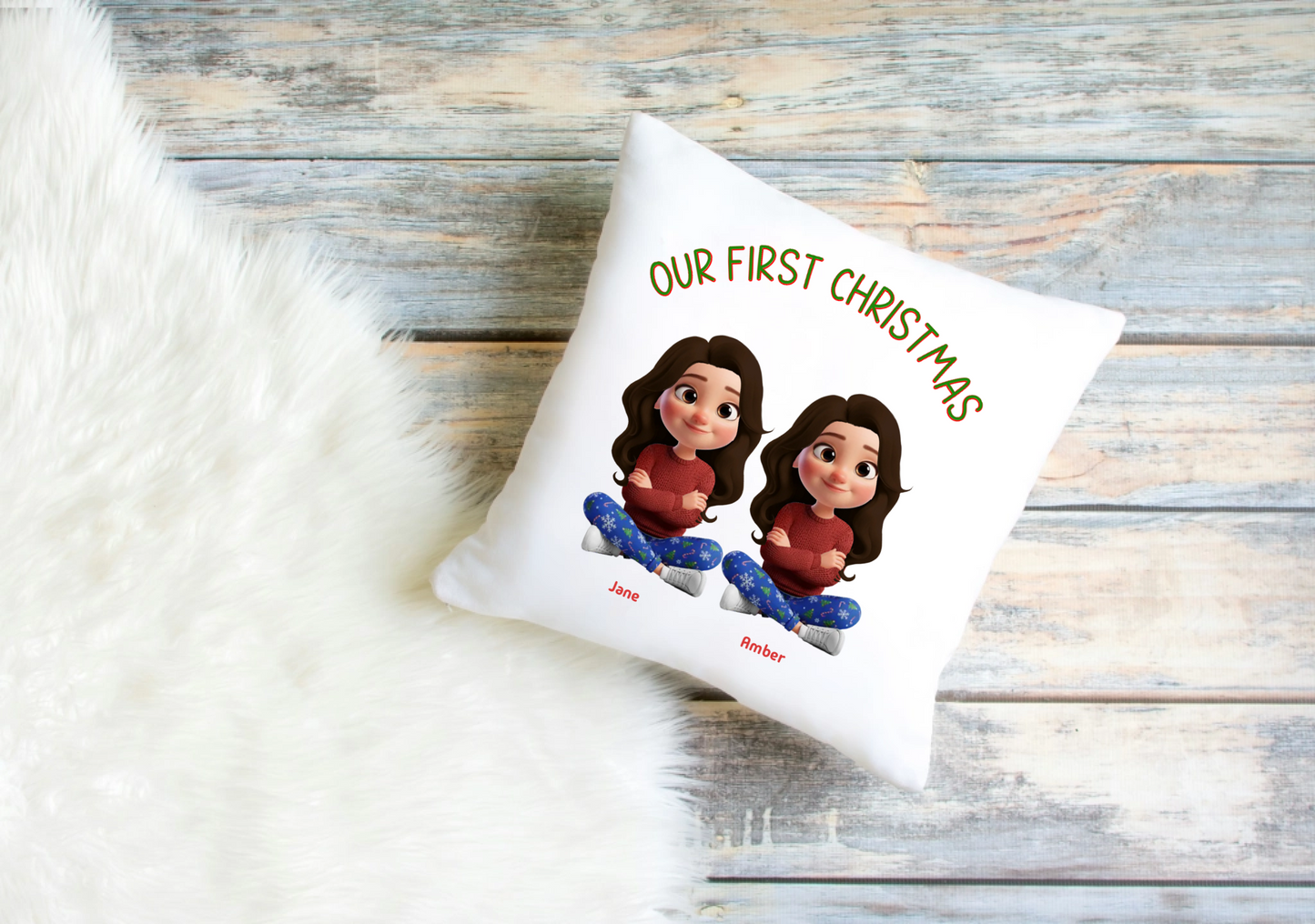 Our First Christmas Cushion Cover – Personalised Couple Clip Art Design