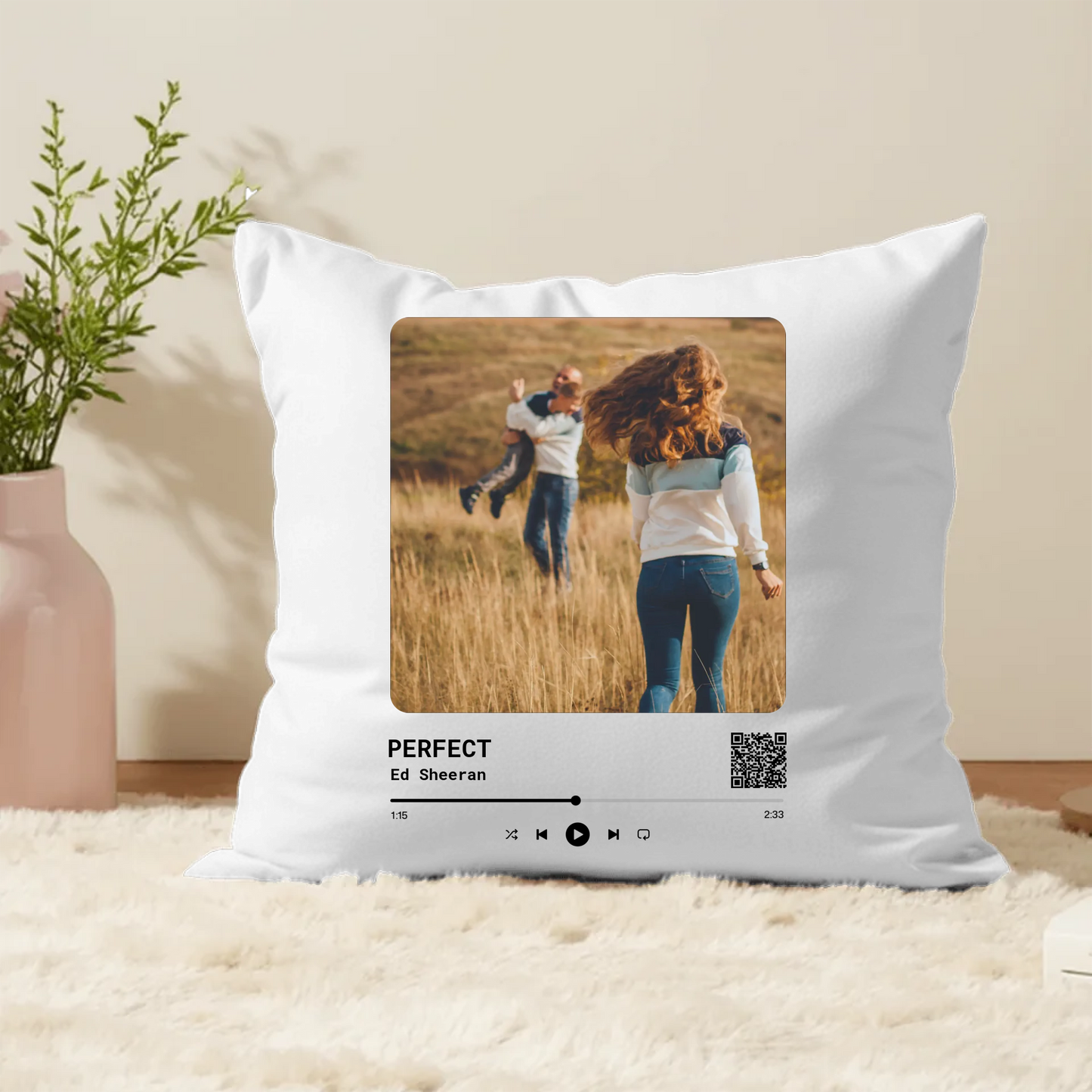 Personalised Photo Cushion with Spotify Song & QR Code