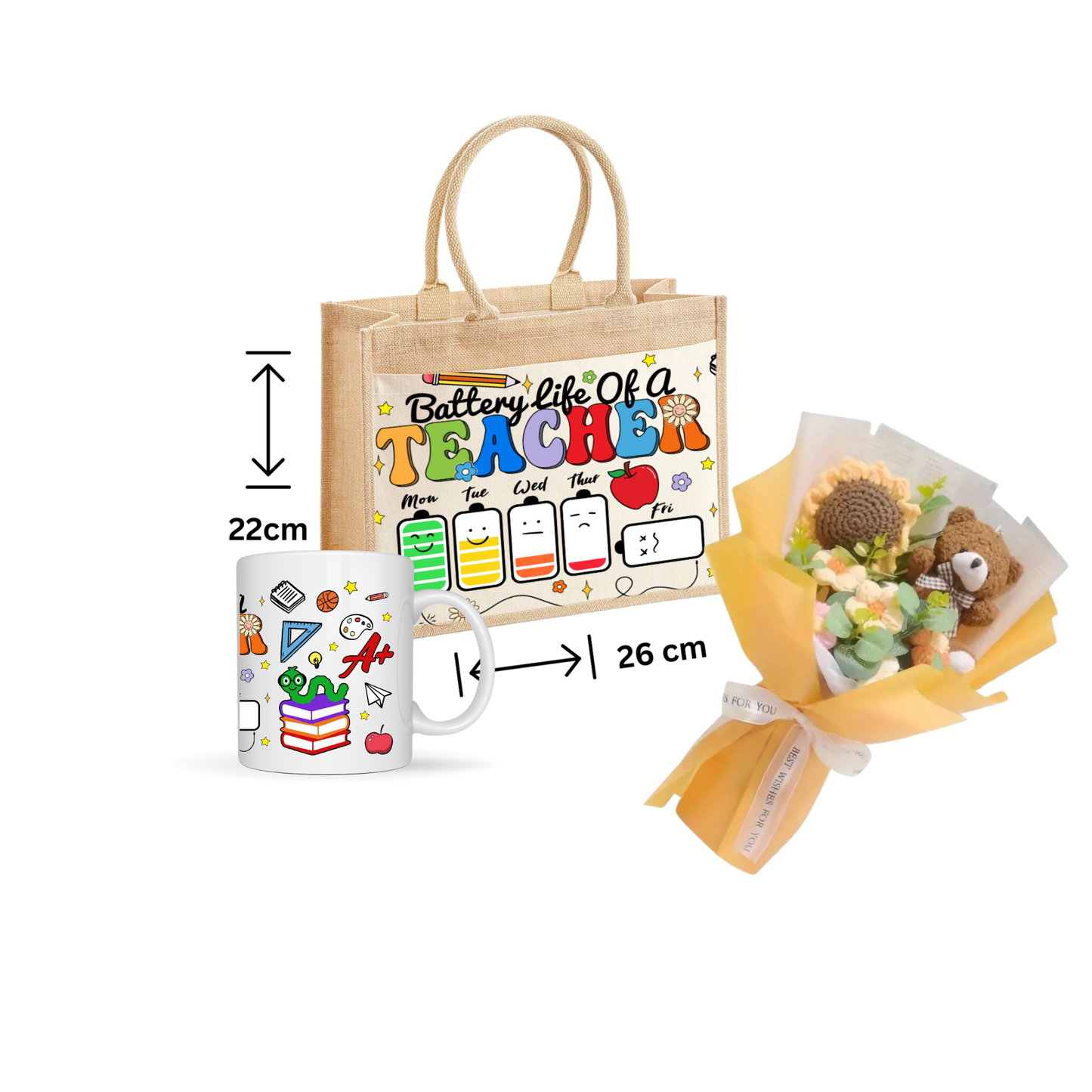 Thank You Teacher Gift School jute Tote Bag ,Mug And Crochet Flower