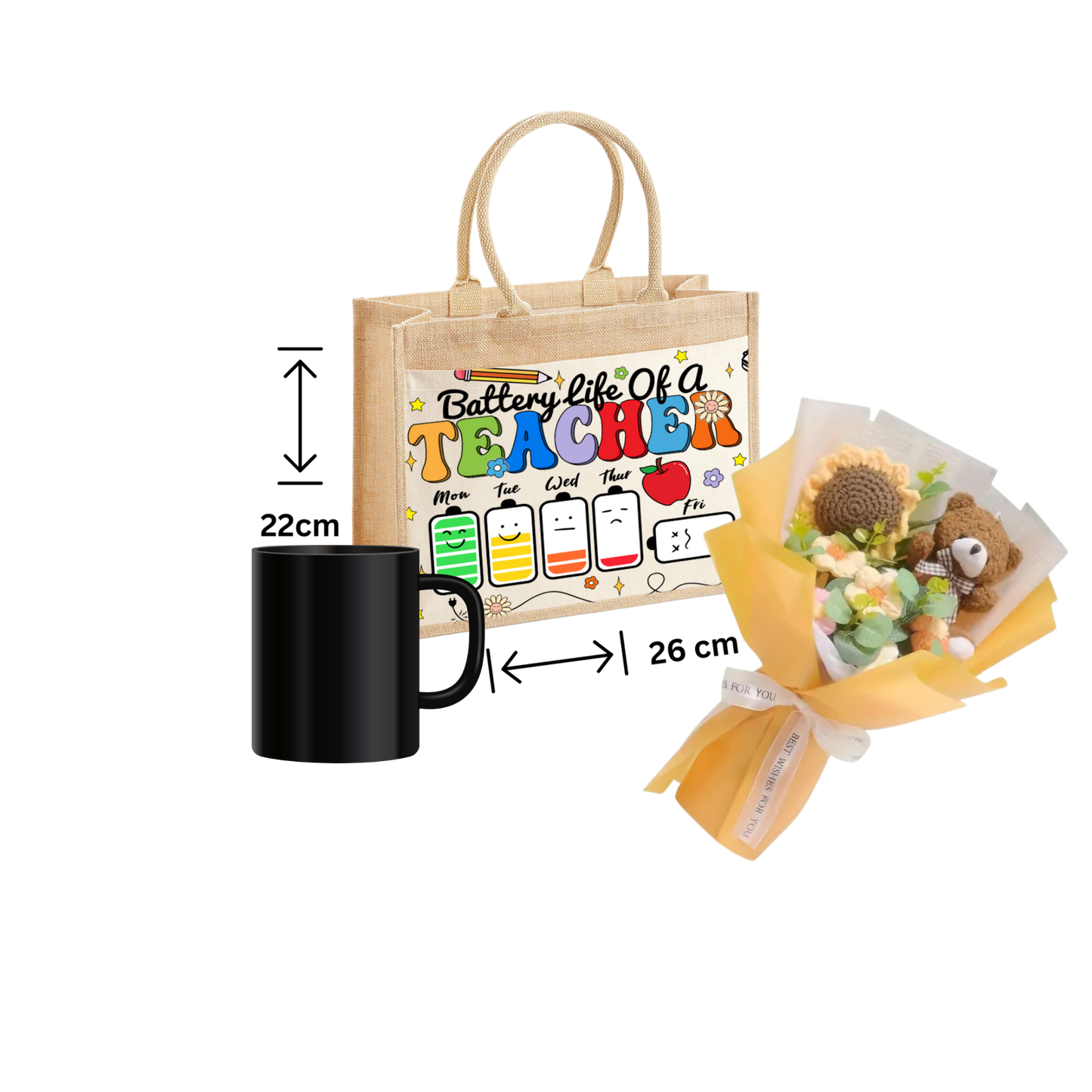 Thank You Teacher Gift School jute Tote Bag ,Mug And Crochet Flower