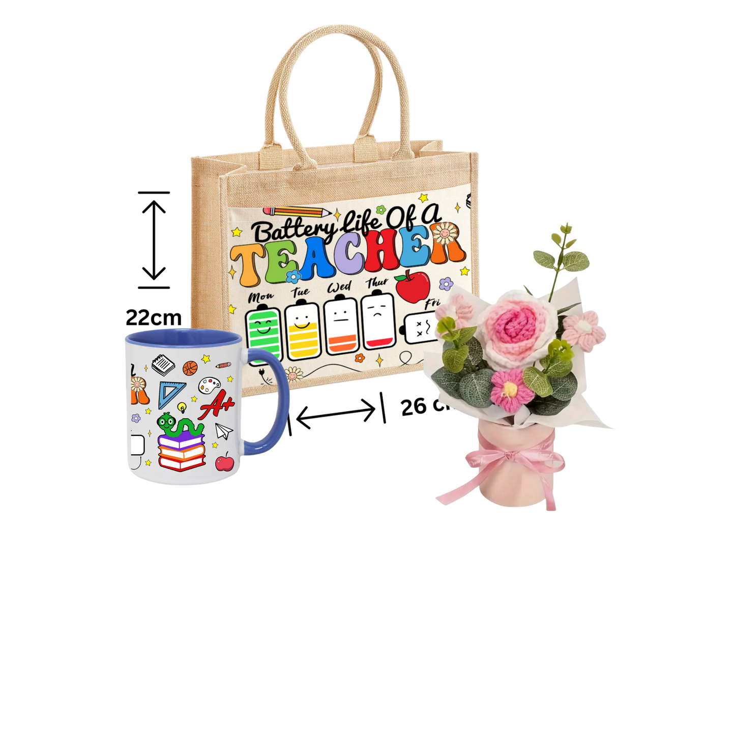 Thank You Teacher Gift School jute Tote Bag ,Mug And Crochet Flower
