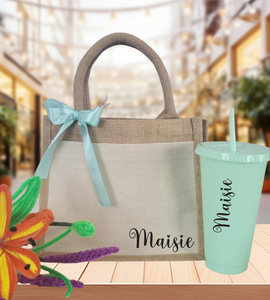 Jute Bag & Cold Cup -Personalised Summer Beach Holiday ,Travel, Bridesmaid, Teacher.