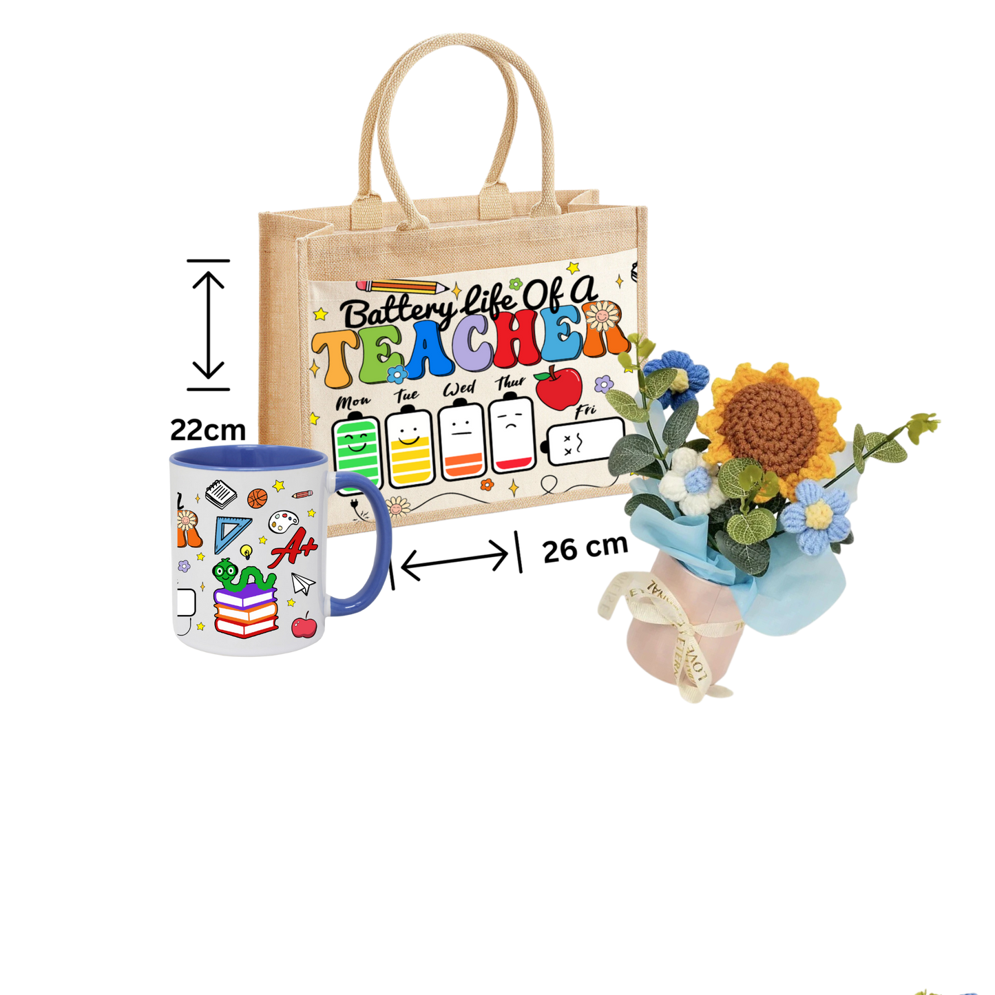 Thank You Teacher Gift School jute Tote Bag ,Mug And Crochet Flower