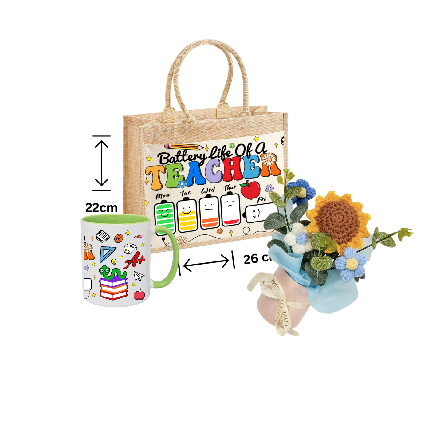 Thank You Teacher Gift School jute Tote Bag ,Mug And Crochet Flower
