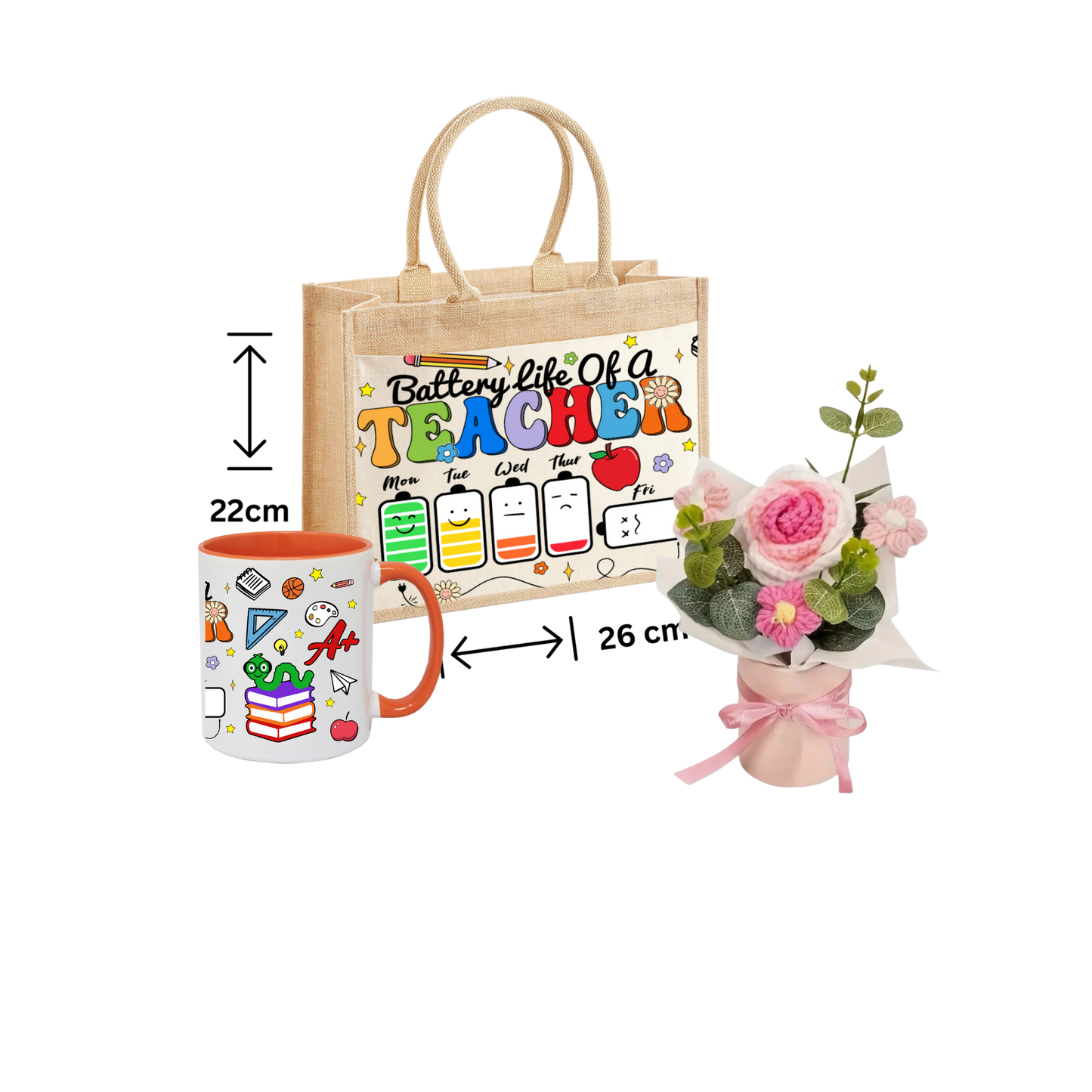 Thank You Teacher Gift School jute Tote Bag ,Mug And Crochet Flower