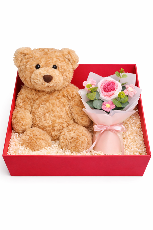 Teddy Bear & Rose Crochet Flower Bouquet Gift –in Luxury Magnetic Box