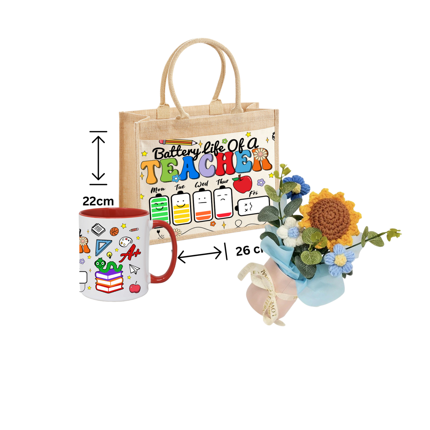 Thank You Teacher Gift School jute Tote Bag ,Mug And Crochet Flower