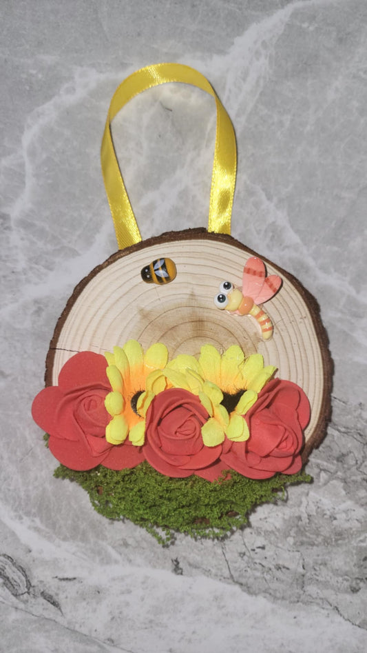 Handmade Floral Wood Slice Hanging Decoration – Bee & Dragonfly Design