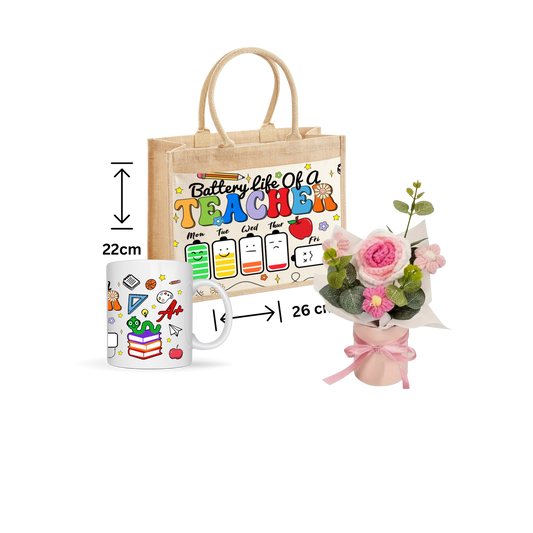 Thank You Teacher Gift School jute Tote Bag ,Mug And Crochet Flower