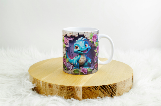 11oz mug with 3d design. blue dino.