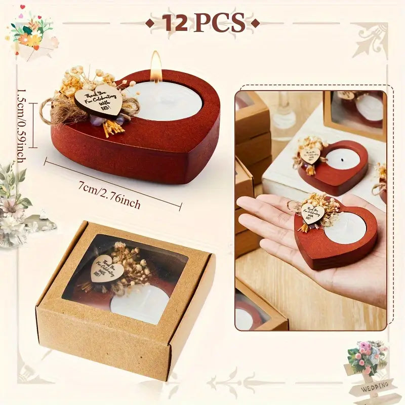 Romantic Wooden Heart Candle Holders – Set of 2 with Dried Flowers & Charms