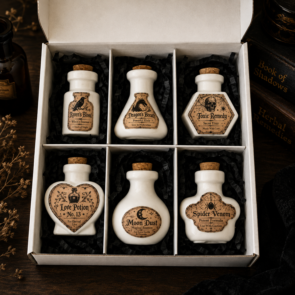 Halloween Potion Bottles – Set of 6 Handmade Apothecary Decorations